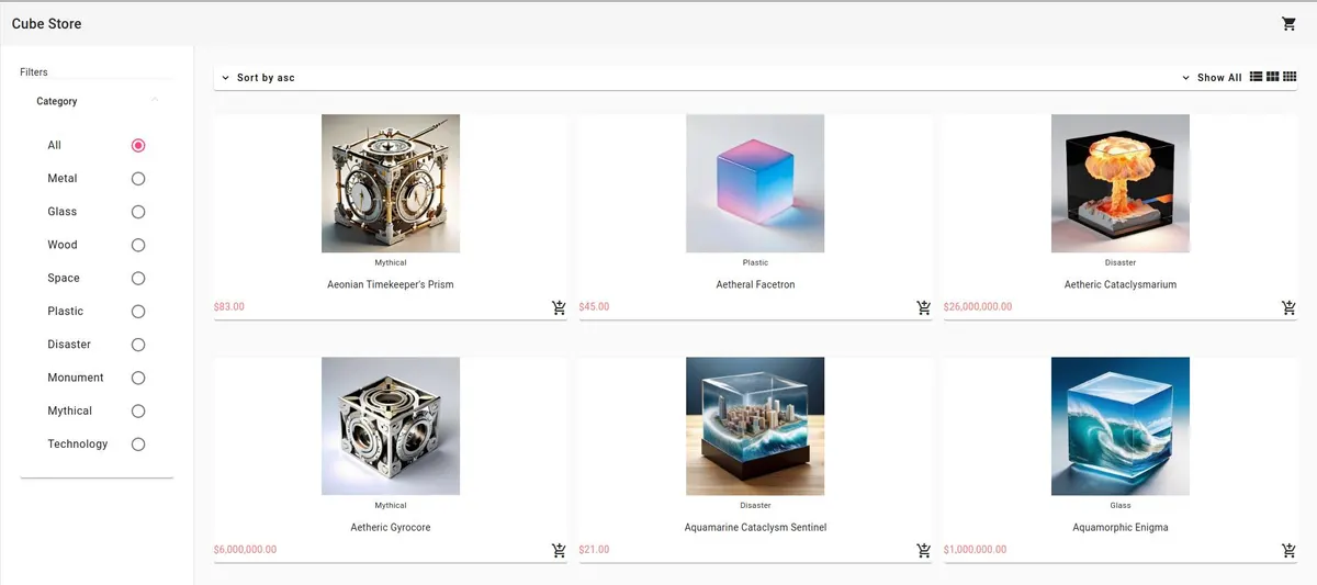 Cube Store storefront showing filters and a grid of artisan cubes