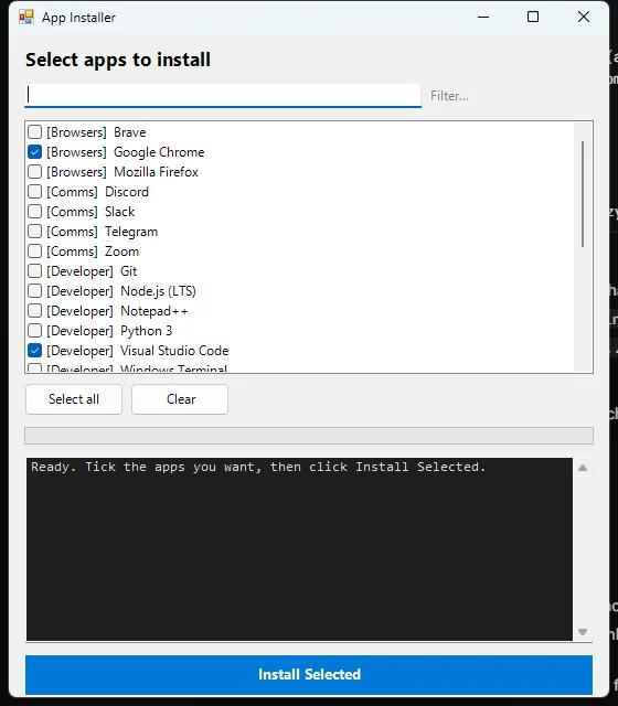 Winget App Installer desktop interface with application checkboxes